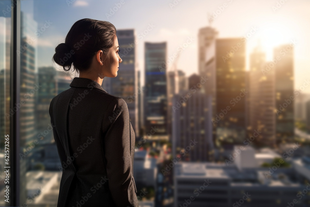 businesswoman looking out into city skyline with Generative AI businesswoman looking out into city skyline with Generative AI