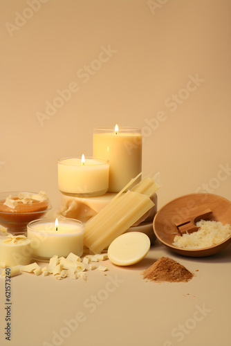A variation of beeswax scented candles and ingredients for aroma on seamless beige color background  monochromatic. Generative AI technology