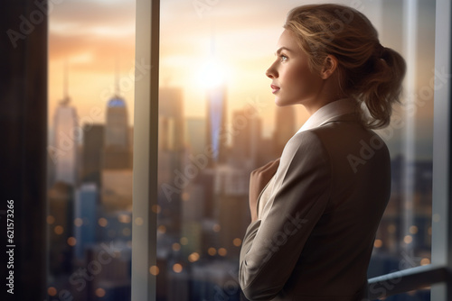 businesswoman looking out into city skyline with Generative AI