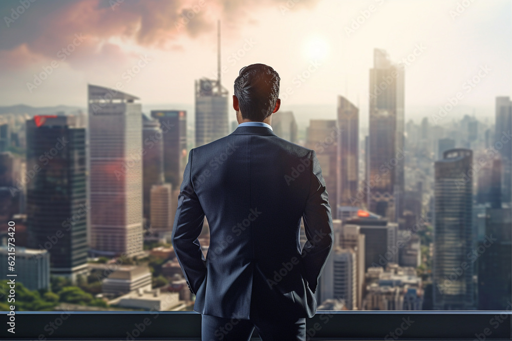businessman looking out into city skyline with Generative AI businessman looking out into city skyline with Generative AI