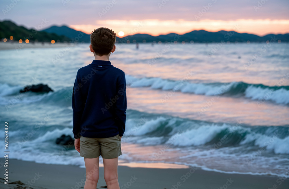 A boy in a summer outfit standing on a beach looking at sunset on a summer day A boy in a summer outfit standing on a beach looking at sunset on a summer day