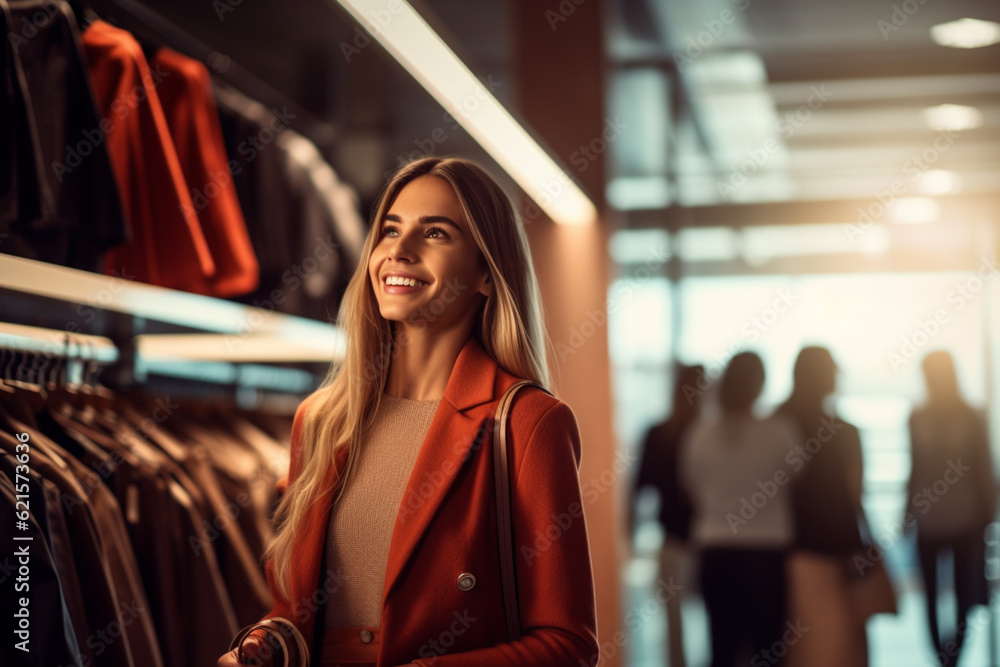 a happy women looking fashion and choosing them in a modern shopping store with Generative AI a happy women looking fashion and choosing them in a modern shopping store with Generative AI
