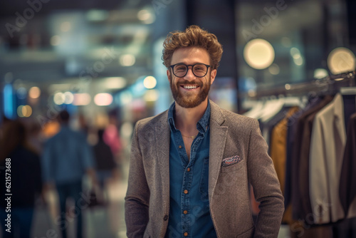 a happy man looking fashion and choosing them in a modern shopping store with Generative AI © toonsteb
