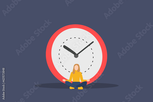 Business woman meditating near clocks and finding balance. Concept of break and stopping time