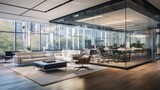 A contemporary office space with glass walls and modern furniture, generative ai
