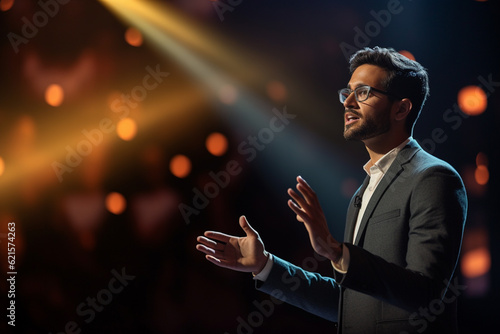 young man giving a talk at a conference in a bright stage with Generative AI