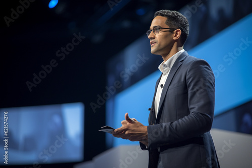 young man giving a talk at a conference in a bright stage with Generative AI