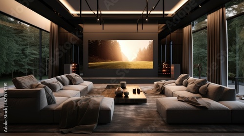A cozy home theater with plush seating and a large screen for movie nights, generative ai
