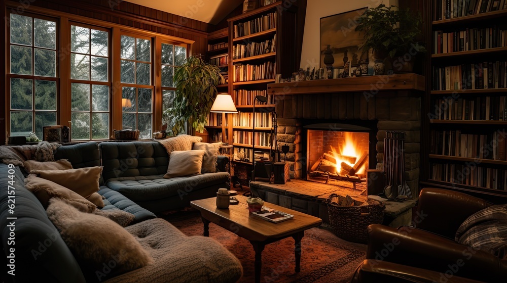 A cozy living room with a fireplace, plush sofas, and bookshelves filled with novels, generative ai