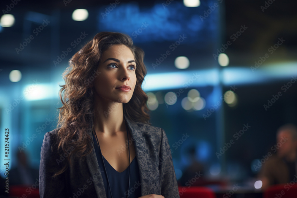 a woman presenting at a modern conference room with Generative AI a woman presenting at a modern conference room with Generative AI