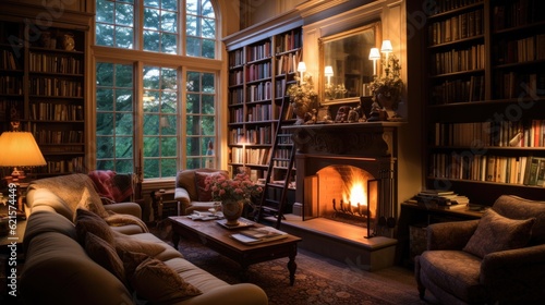 A cozy living room with a fireplace, plush sofas, and bookshelves filled with novels, generative ai © Creative Station