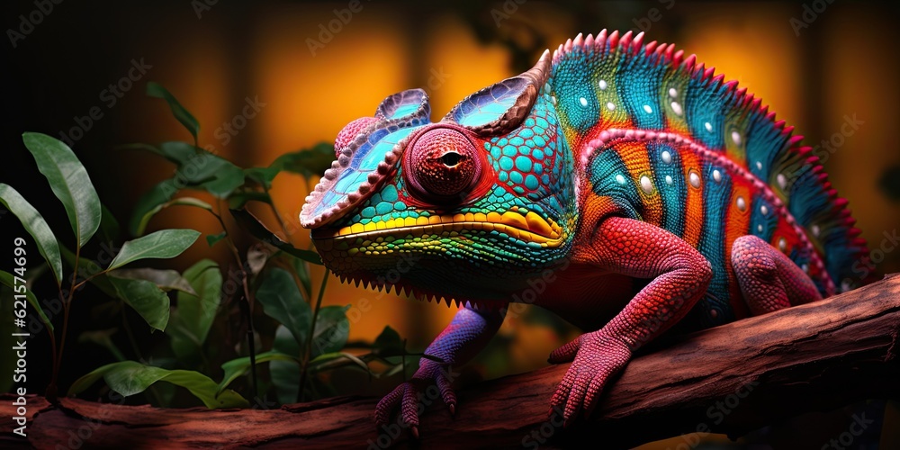 Colorful chameleon on a branch, a creative concept of adaptation and transformation. Generative AI Colorful chameleon on a branch, a creative concept of adaptation and transformation. Generative AI