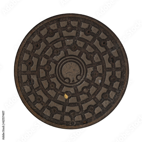 3d illustration of iron manhole cover structure isolated on transparent, top view