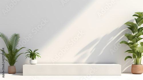 white podium on white concrete wall with sunlight 