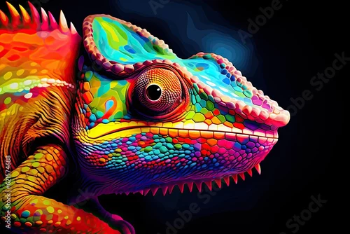 Fototapeta Colorful chameleon on a branch, a creative concept of adaptation and transformation. Generative AI