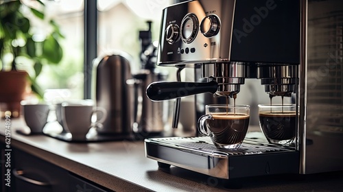 A high-end espresso machine brewing a perfect cup of coffee in a modern kitchen, generative ai
