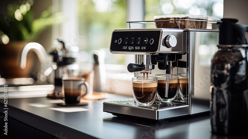Fotografiet A high-end espresso machine brewing a perfect cup of coffee in a modern kitchen,