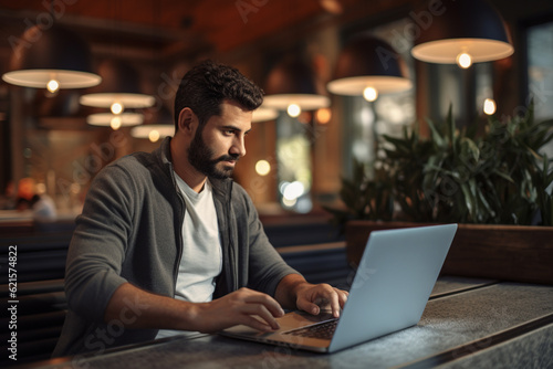 smiling man working on laptop working with laptop with Generative AI