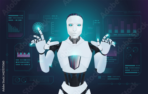 AI robot or cyborg reaches a hand to touch an air screen or holographic interface and press a button.