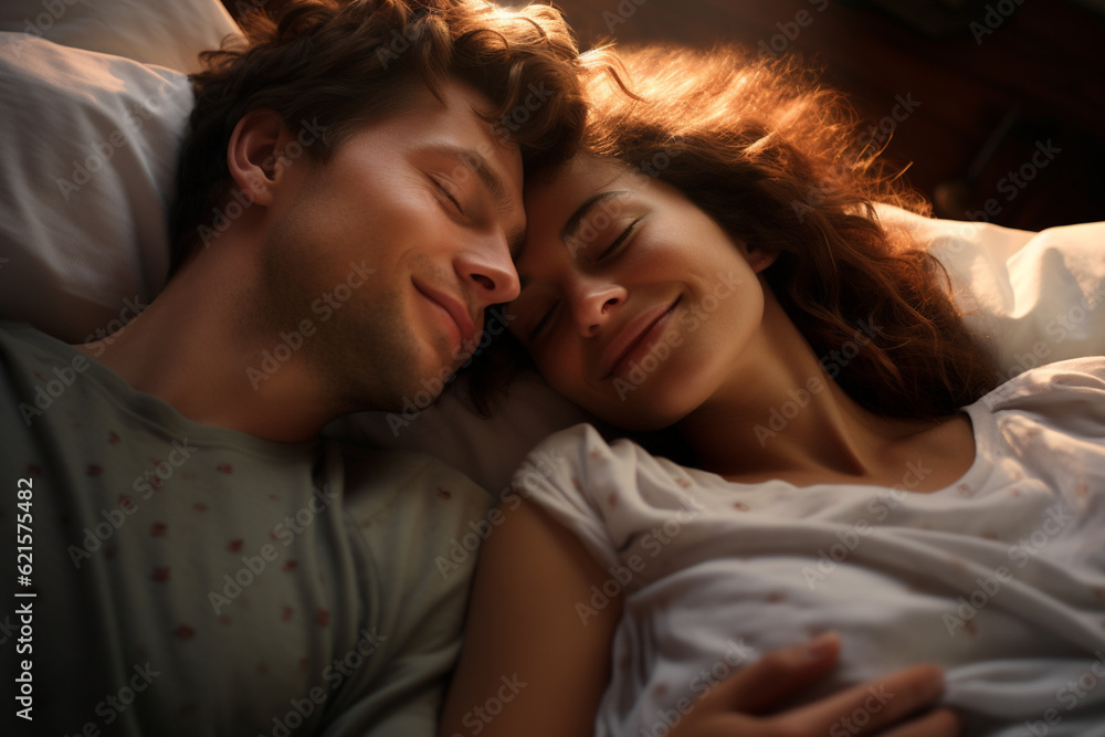 happy couple sleeping on a bed in romantic mood with Generative AI happy couple sleeping on a bed in romantic mood with Generative AI