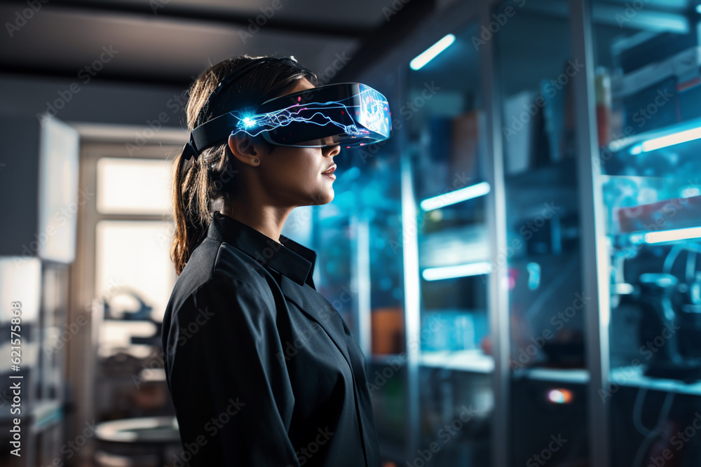 a female scientist in a room in a laboratory with virtual reality glasses with Generative AI a female scientist in a room in a laboratory with virtual reality glasses with Generative AI