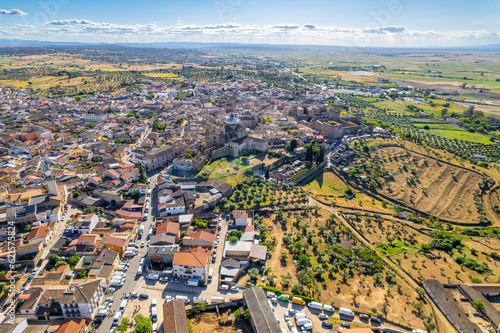 Aerial images of the town of Oropesa in the province of Toledo during a sunny spring day