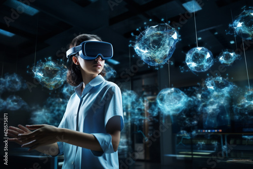 a female scientist in a room in a laboratory with virtual reality glasses with Generative AI