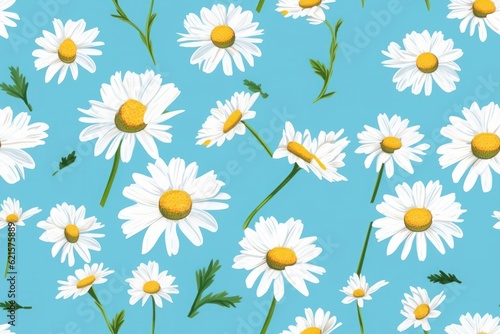 White small daisies lie on a blue background. Wallpaper - floral summer background.