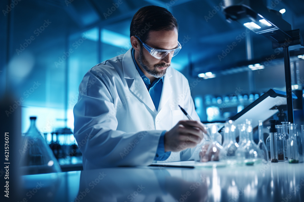 a chemistry lab man with tablet in the laboratory with Generative AI a chemistry lab man with tablet in the laboratory with Generative AI