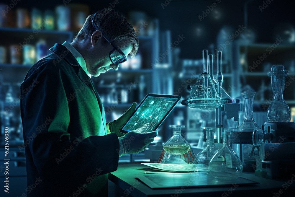 a chemistry lab man with tablet in the laboratory with Generative AI a chemistry lab man with tablet in the laboratory with Generative AI