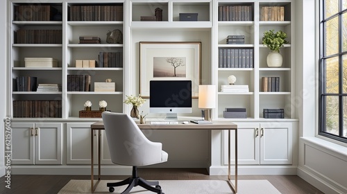 An organized home office with a modern desk, ergonomic chair, and natural lighting, generative ai