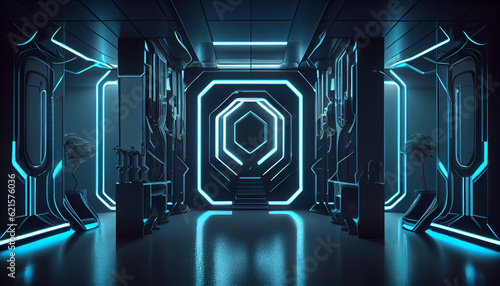 Futuristic background. Neon interior Ai generated image photo