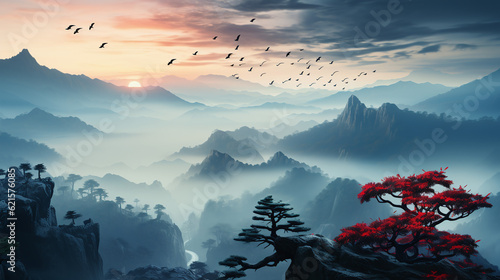 A flock of birds in a rocky mountain area. In the style of color field minimalism. Minimalist Wallpaper. Generative Ai.