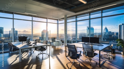 A modern office space with glass walls  ergonomic chairs  and panoramic city views  generative ai