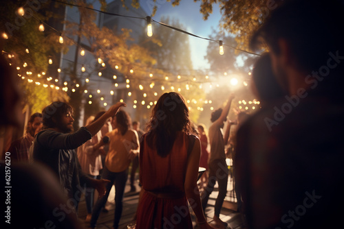 people in a party outside on the balcony with lights and dancing with Generative Fototapet