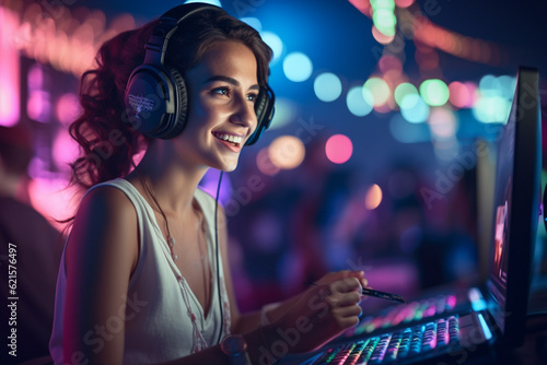 a happy gamer woman wearing headphones is using a computer at night with Generative AI