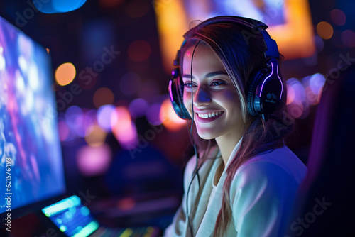 a happy gamer woman wearing headphones is using a computer at night with Generative AI © toonsteb
