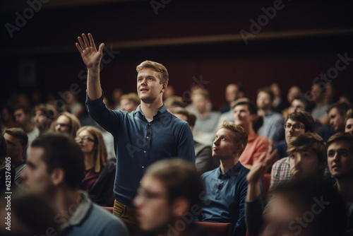 a male student raising hands at a lecture theatre with Generative AI