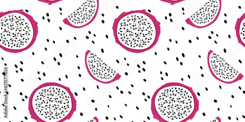 Dragon fruit pattern on white background. Pitahaya slice in flat style. Exotic fruits seamless pattern
