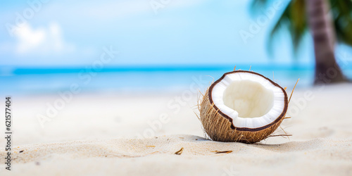 Coconut on white sand on the beach background