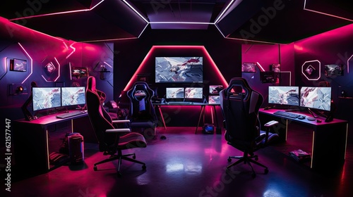An immersive gaming setup with multiple screens and RGB lighting, generative ai