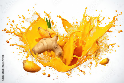 Fresh Turmeric and water splash with green leaves isolated on white background. (ai generated)