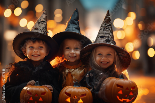 Obraz na płótnie three little kids in costume celebrating halloween together with Generative AI