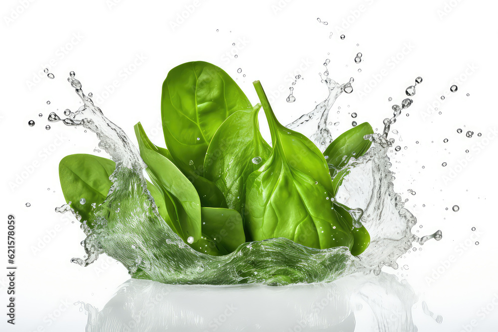 Pile of fresh green baby spinach leaves with water splash isolated on ...
