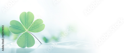 Single good luck four-leaf clover with copy space for text. Background banner for best wishes and unique, rare, or special individual concept.