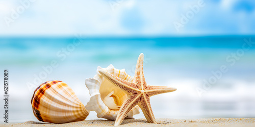 Summer background with starfish on the beach, hello summer background