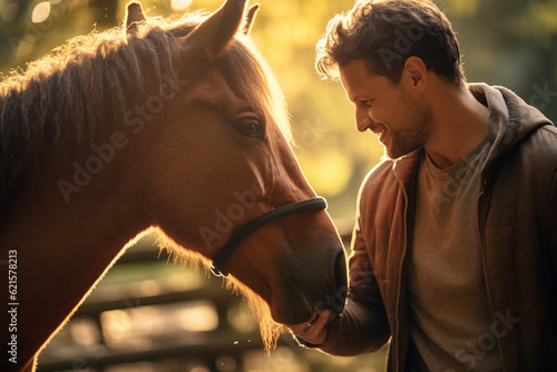 a young happy man touching a horse with Generative AI
