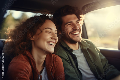 young couple smiling in car driving with Generative AI