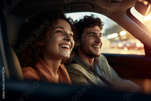young couple smiling in car driving with Generative AI © toonsteb