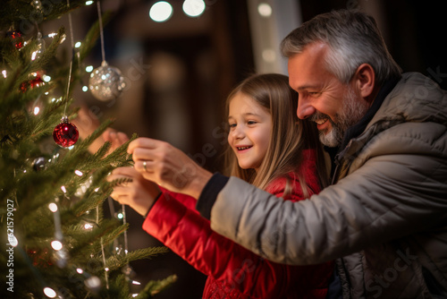 a happy young girl and her father decorating a christmas tree with a star with Generative AI